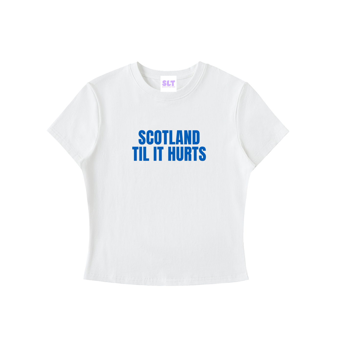 White t-shirt with blue text 'SCOTLAND TIL IT HURTS' on a white background