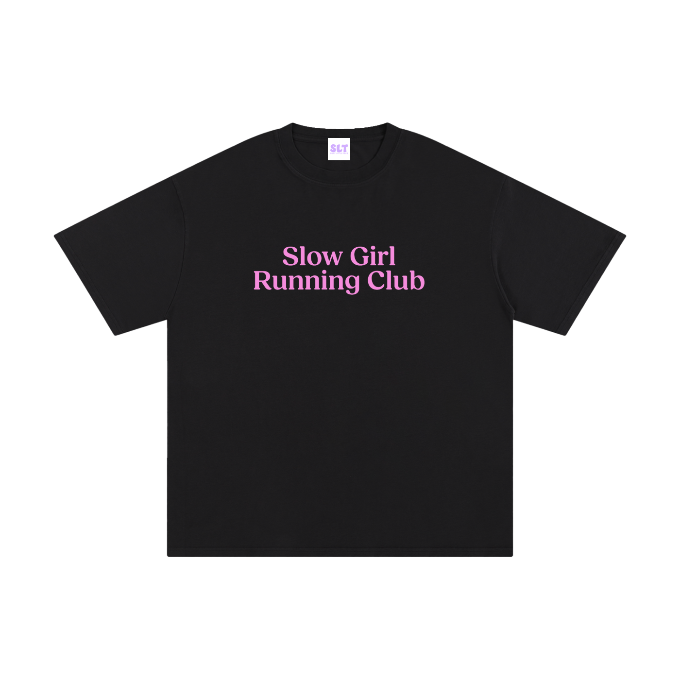Black t-shirt with 'Slow Girl Running Club' text in pink on a white background