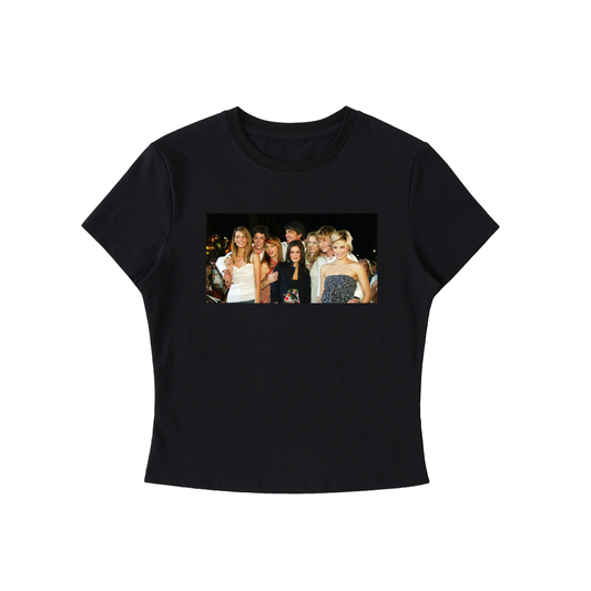 Black t-shirt with a graphic of the cast of the OC