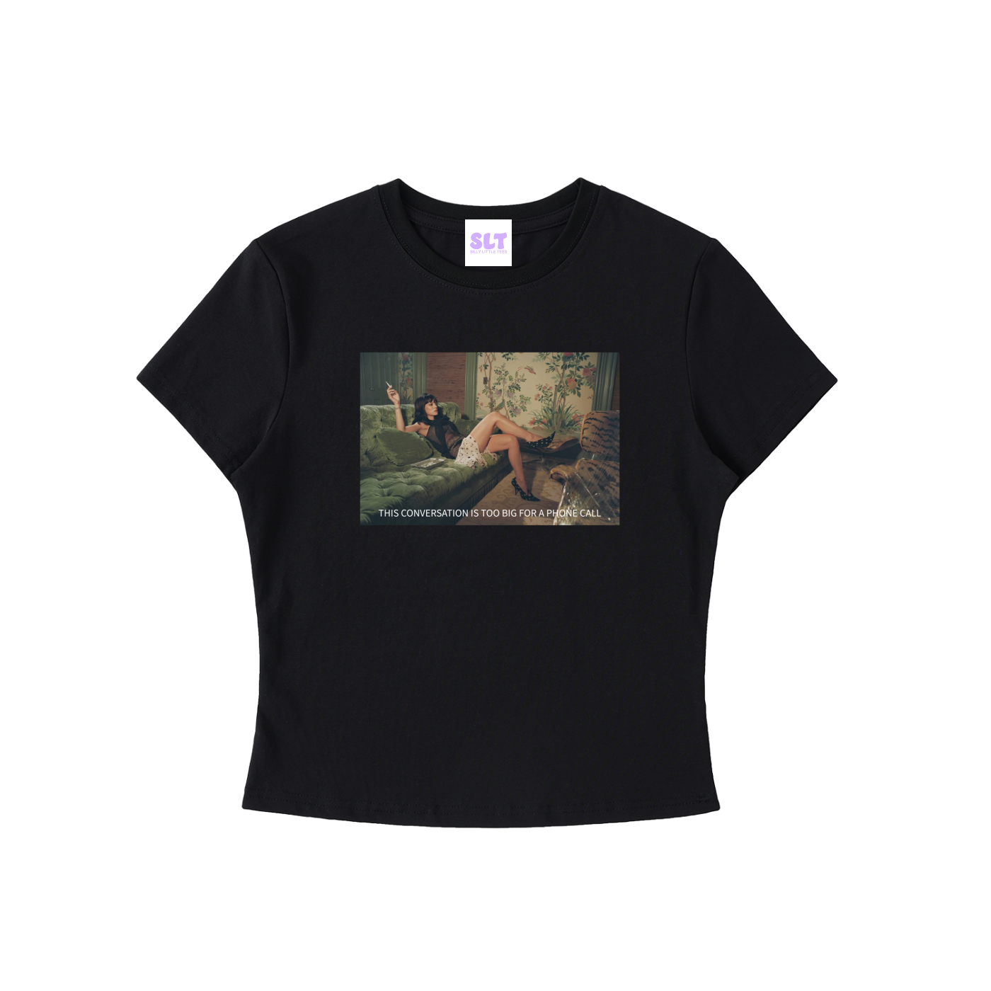 Black t-shirt with graphic design and text on a white background