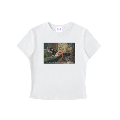 White t-shirt with graphic design and text on a white background
