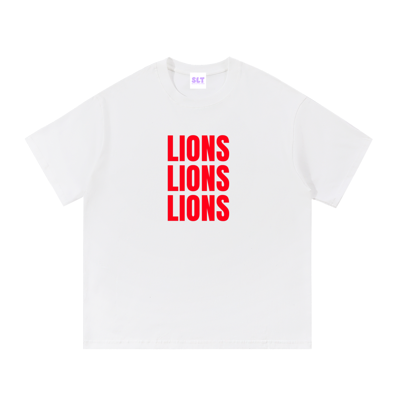 White t-shirt with 'LIONS LIONS LIONS' printed in red on a white background
