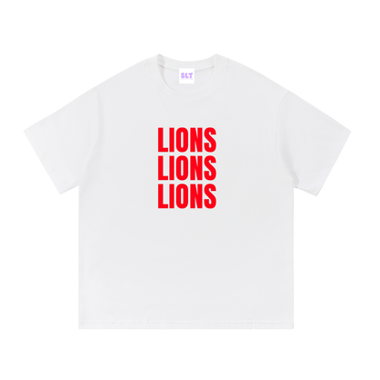 White t-shirt with 'LIONS LIONS LIONS' printed in red on a white background