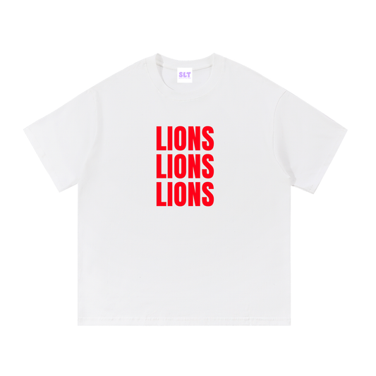 White t-shirt with 'LIONS LIONS LIONS' printed in red on a white background