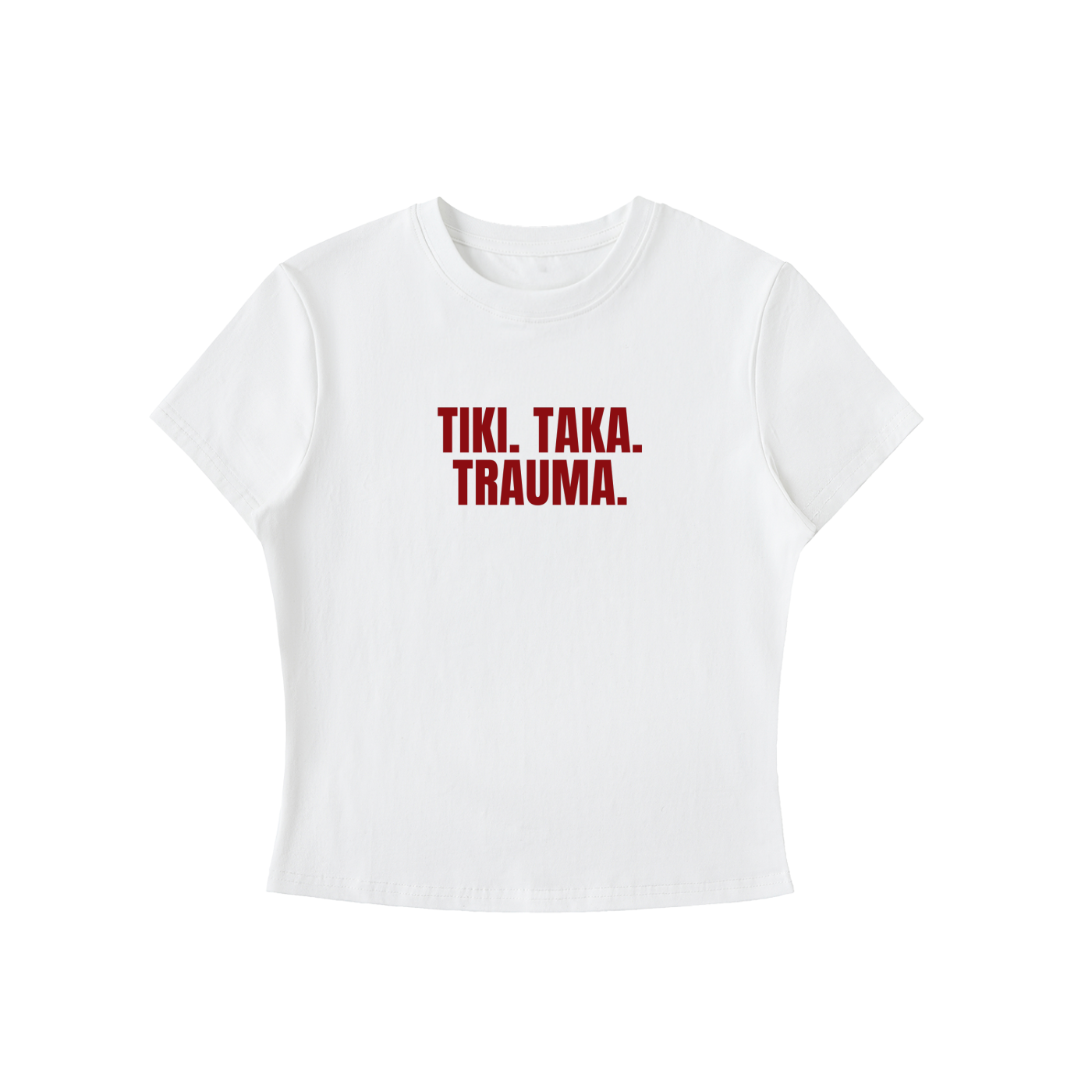 White t-shirt with red text 'TIKI. TAKA. TRAUMA.' on a white background