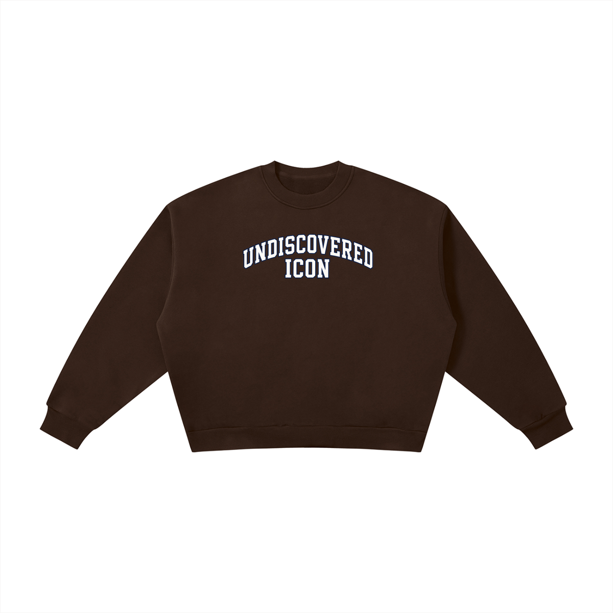 A dark brown cropped crewneck sweatshirt with 'UNDISCOVERED ICON' printed in white arched block letters across the chest, displayed flat against a solid white background.