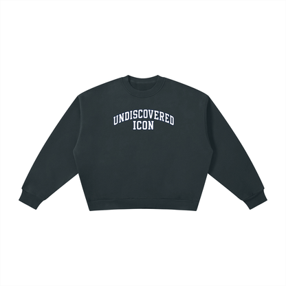 A dark charcoal gray cropped crewneck sweatshirt with 'UNDISCOVERED ICON' printed in white arched block letters across the chest, displayed flat against a solid white background.