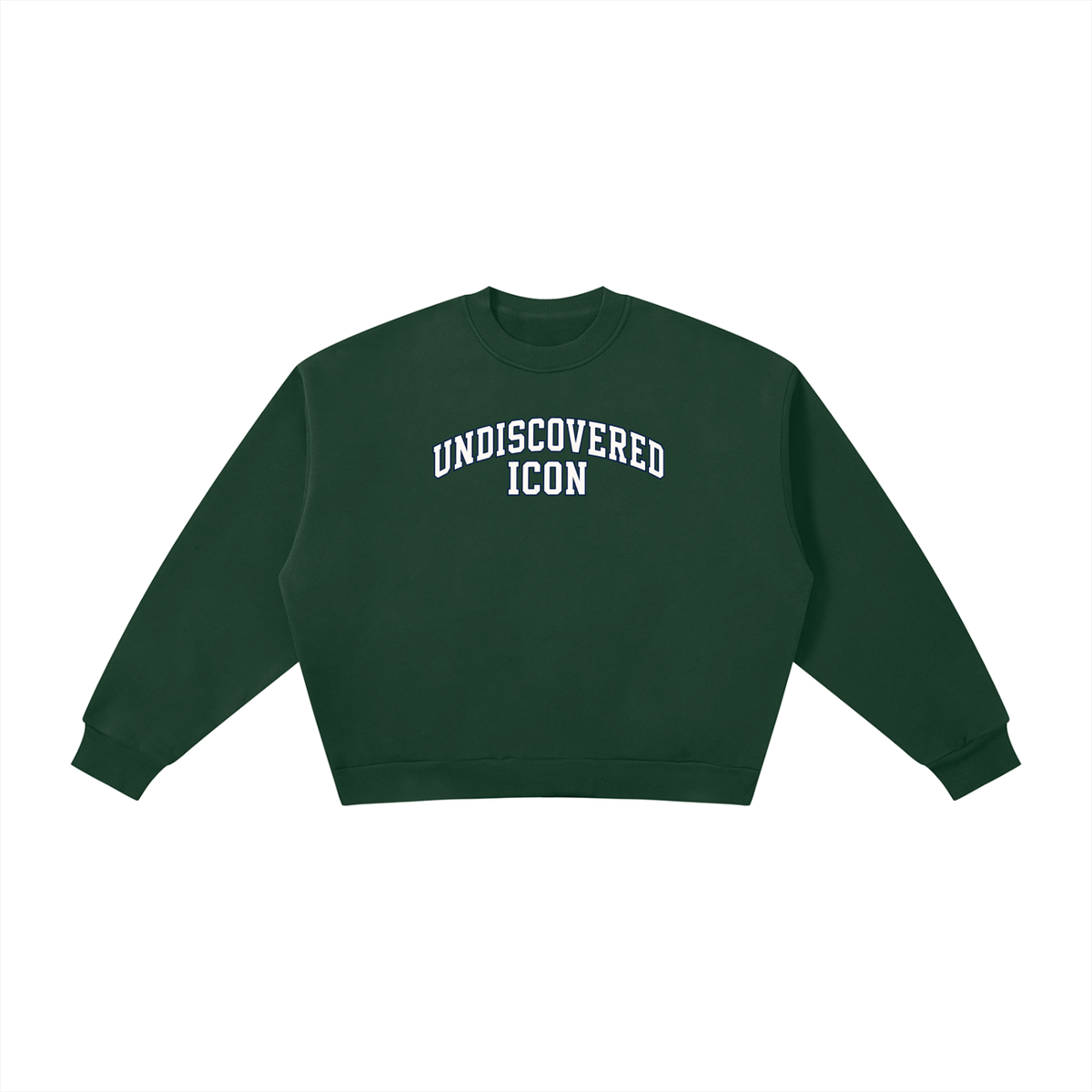 A dark green cropped crewneck sweatshirt with 'UNDISCOVERED ICON' printed in white arched block letters across the chest, displayed flat against a solid white background.