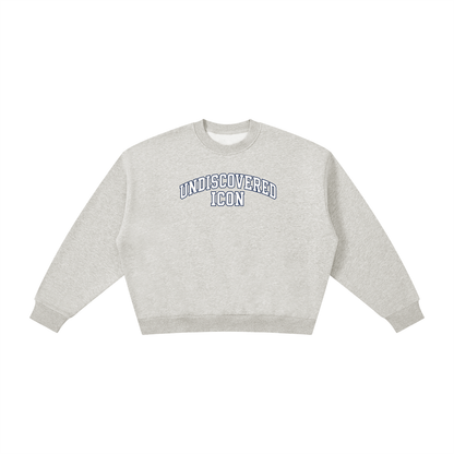 A light heather gray crewneck sweatshirt with 'UNDISCOVERED ICON' printed in an arched navy and white collegiate font on the chest, displayed on a clean white background.
