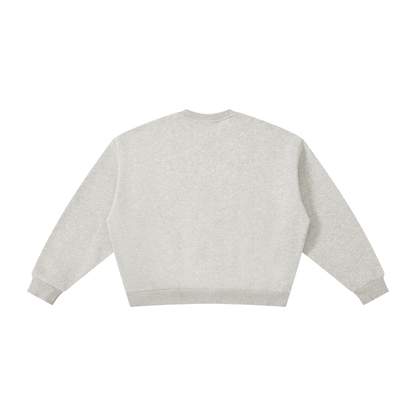 Gray sweatshirt with black text on the back against a white background