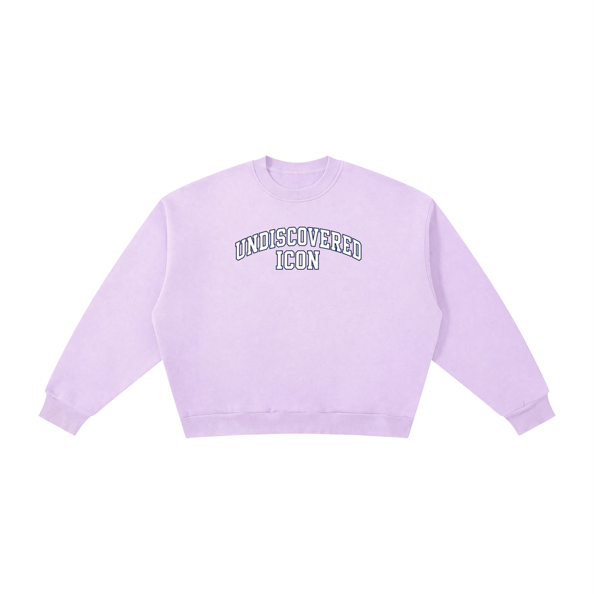 A light purple cropped crewneck sweatshirt with 'UNDISCOVERED ICON' printed in white and gray varsity lettering across the chest, displayed on a solid white background.