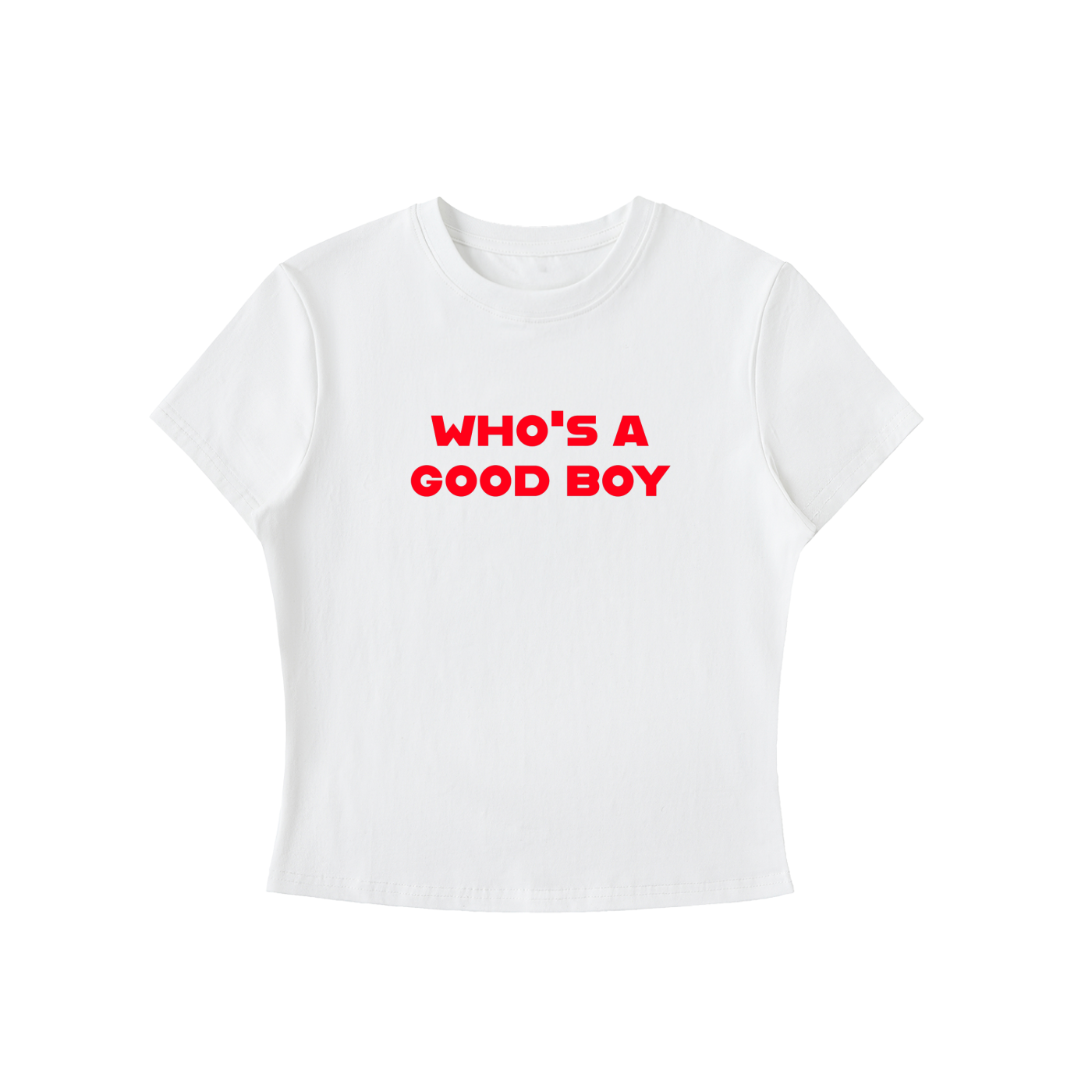 White t-shirt with red text 'WHO'S A GOOD BOY' on a white background