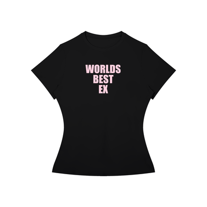A black short-sleeve t-shirt with the text 'WORLDS BEST EK' printed in pink on the chest, displayed against a solid white background.
