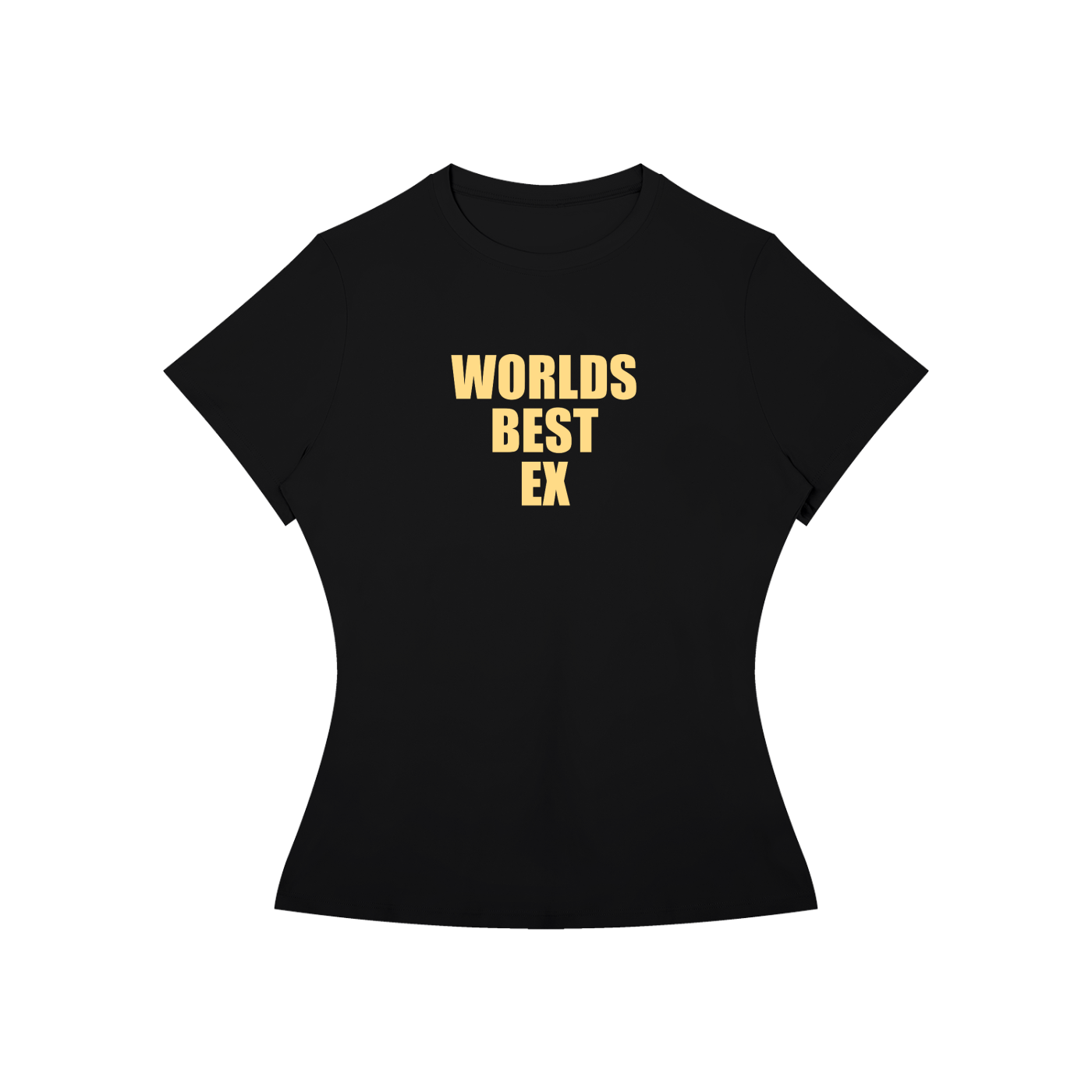 A black short-sleeve crewneck t-shirt with the text 'WORLDS BEST EX' printed in yellow block letters on the chest, displayed against a solid white background.