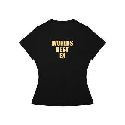 A black short-sleeve crewneck t-shirt with the text 'WORLDS BEST EX' printed in yellow block letters on the chest, displayed against a solid white background.