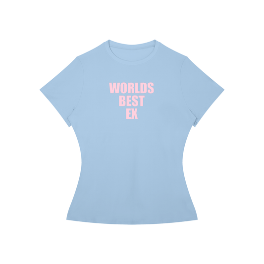 A light blue short-sleeve t-shirt with a fitted silhouette, featuring the text 'WORLDS BEST EX' printed in pink on the chest, displayed against a solid white background.