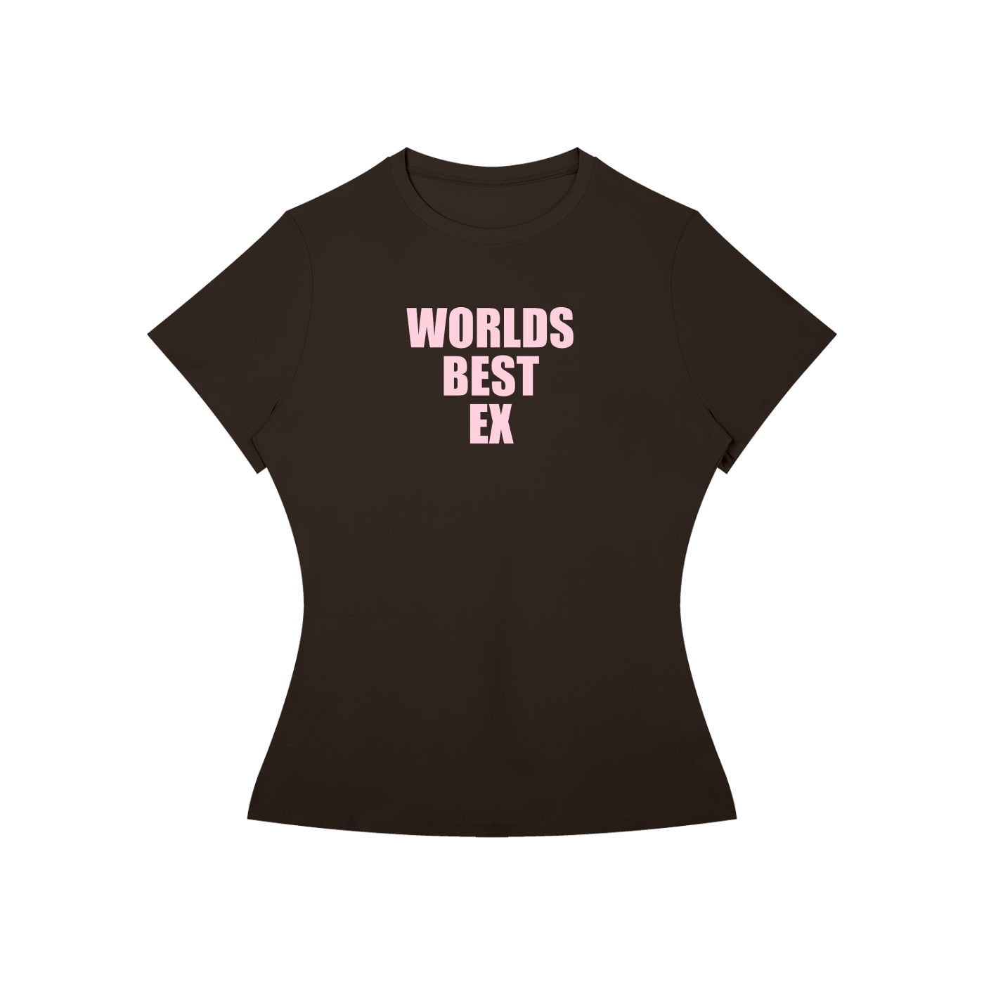 A dark brown short-sleeve t-shirt with the text 'WORLDS BEST EK' printed in light pink on the chest, displayed against a solid white background.