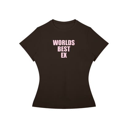 A dark brown short-sleeve t-shirt with the text 'WORLDS BEST EK' printed in light pink on the chest, displayed against a solid white background.
