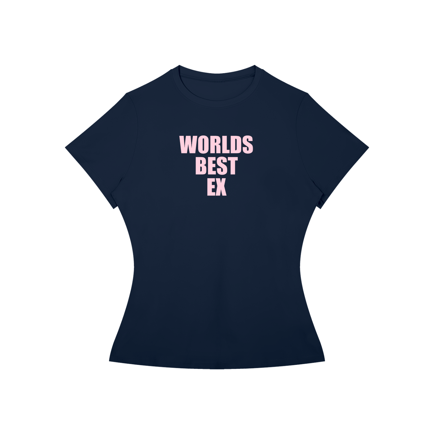 A navy blue short-sleeve t-shirt with the text 'WORLDS BEST EX' printed in light pink on the chest, displayed against a solid white background.
