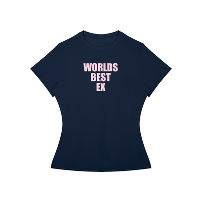 A navy blue short-sleeve t-shirt with the text 'WORLDS BEST EX' printed in light pink on the chest, displayed against a solid white background.