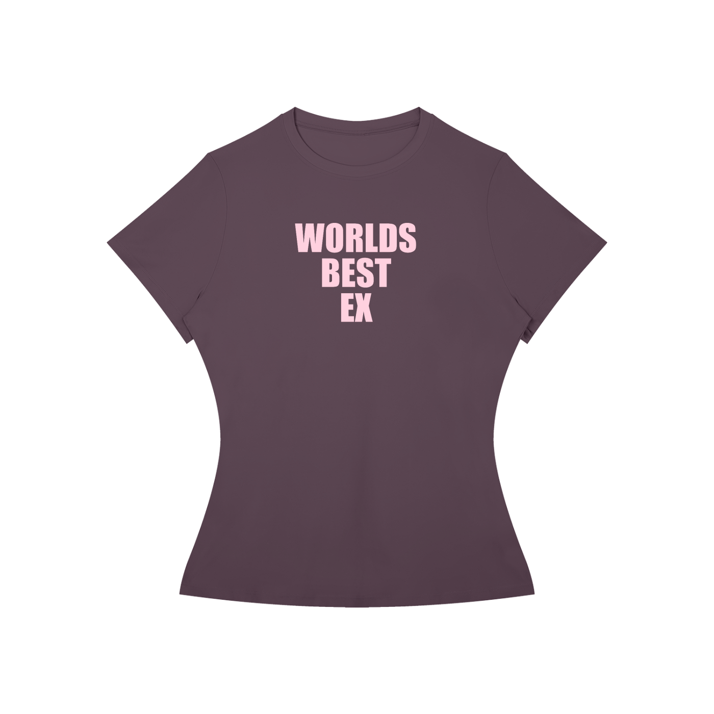 A women's short-sleeve t-shirt in a muted plum purple color, featuring the text 'WORLDS BEST EX' printed in light pink on the chest, displayed against a solid white background.