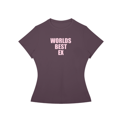A women's short-sleeve t-shirt in a muted plum purple color, featuring the text 'WORLDS BEST EX' printed in light pink on the chest, displayed against a solid white background.