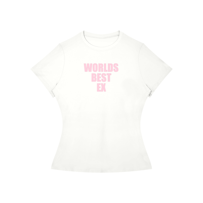 A white short-sleeve crewneck t-shirt with the text 'WORLDS BEST EX' printed in pink on the chest, displayed against a solid white background.