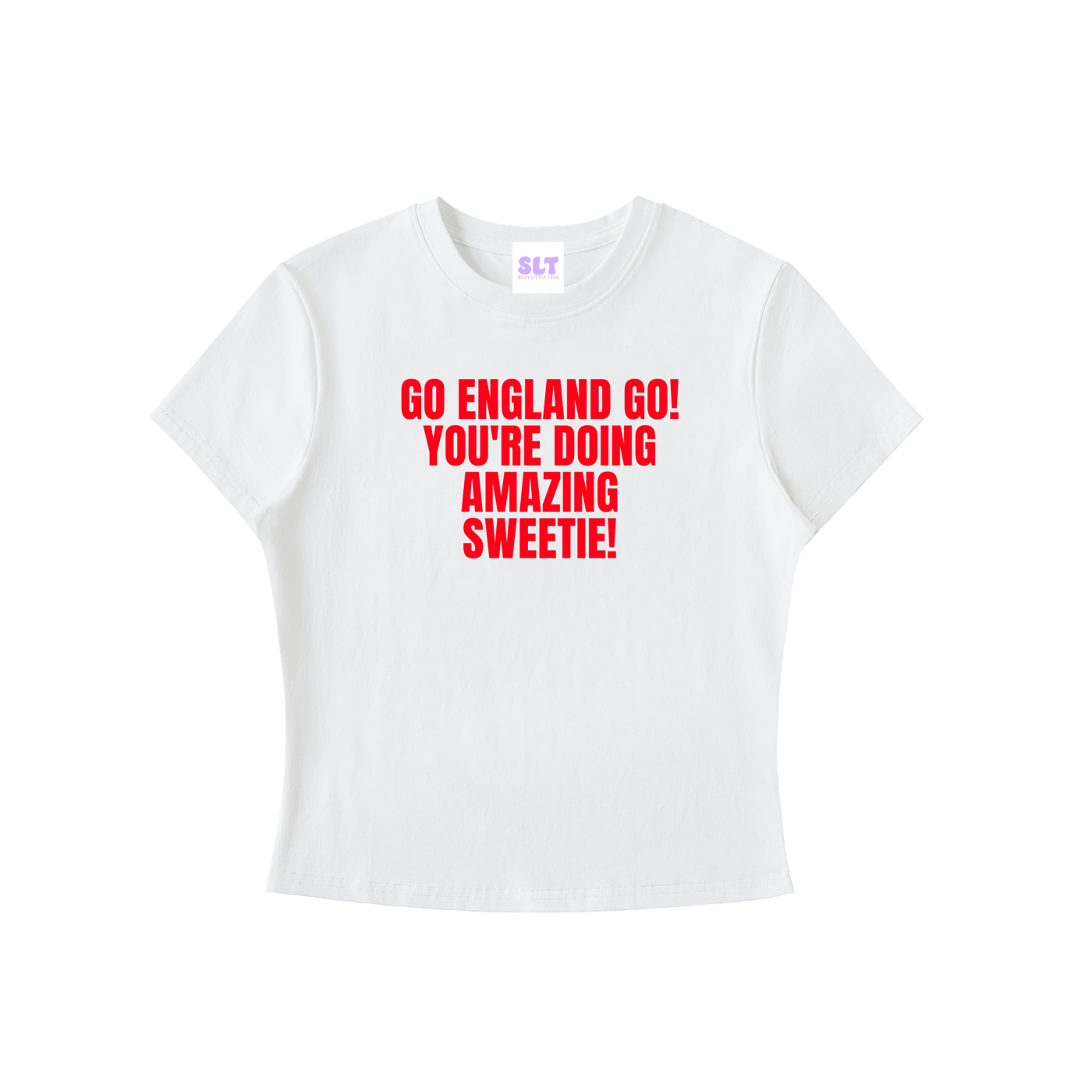 White t-shirt with red text on a white background
