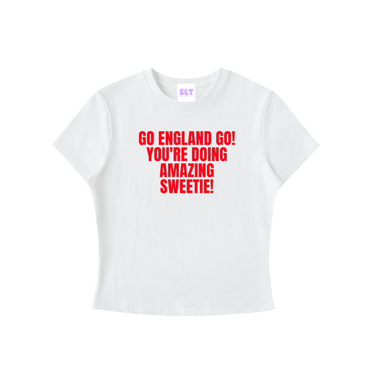 White t-shirt with red text on a white background