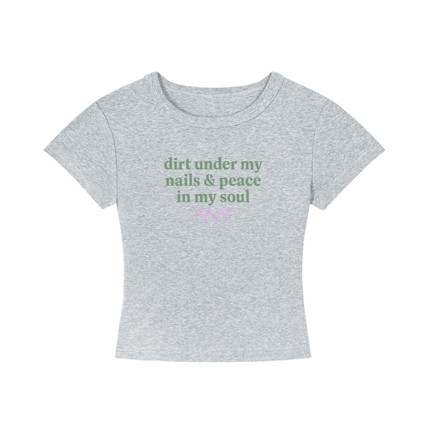Gray t-shirt with green text on a white background