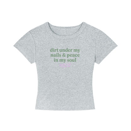 Gray t-shirt with green text on a white background