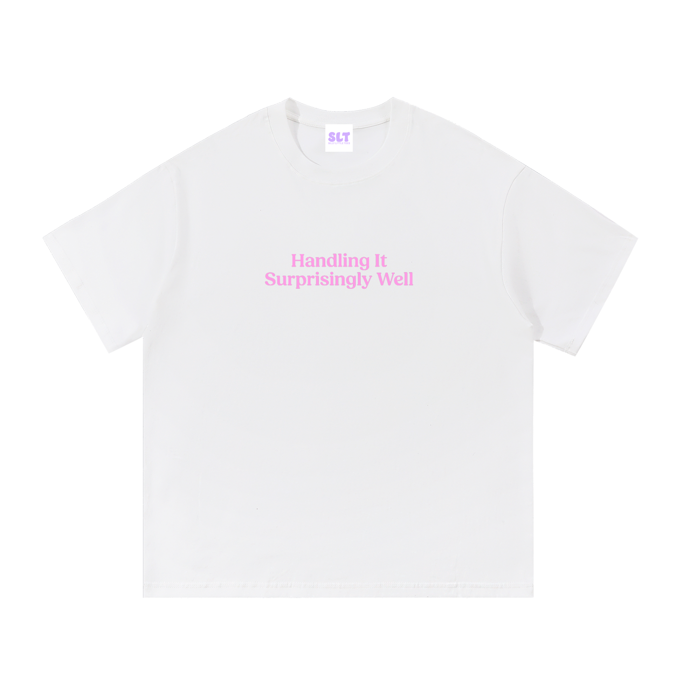White t-shirt with a pink graphic and text on a white background