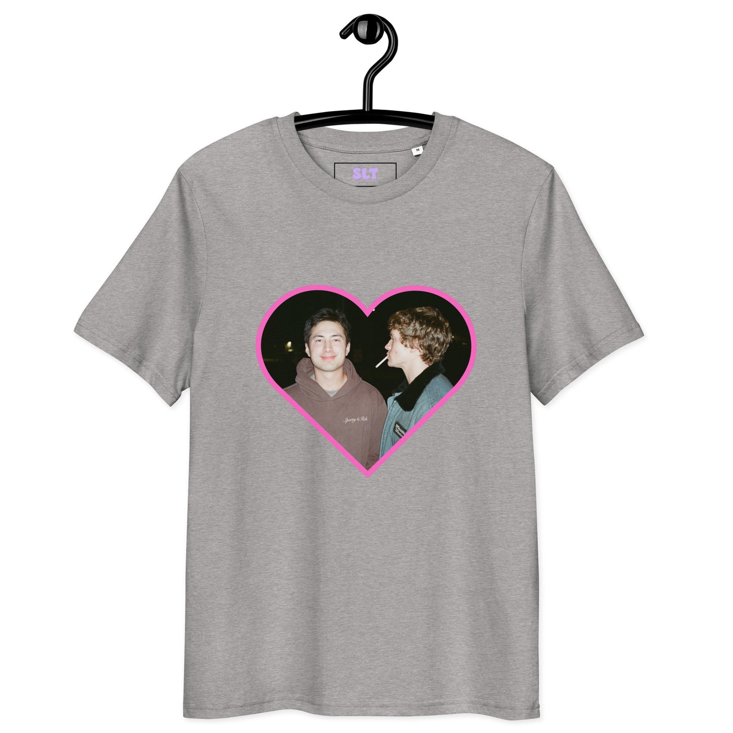 Grey t-shirt with a heart-shaped graphic of Hollander and Rosanov on a hanger against a white background
