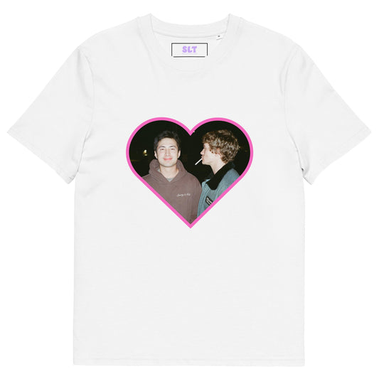 White t-shirt with a heart-shaped graphic of Rozanov and Hollander on a white background