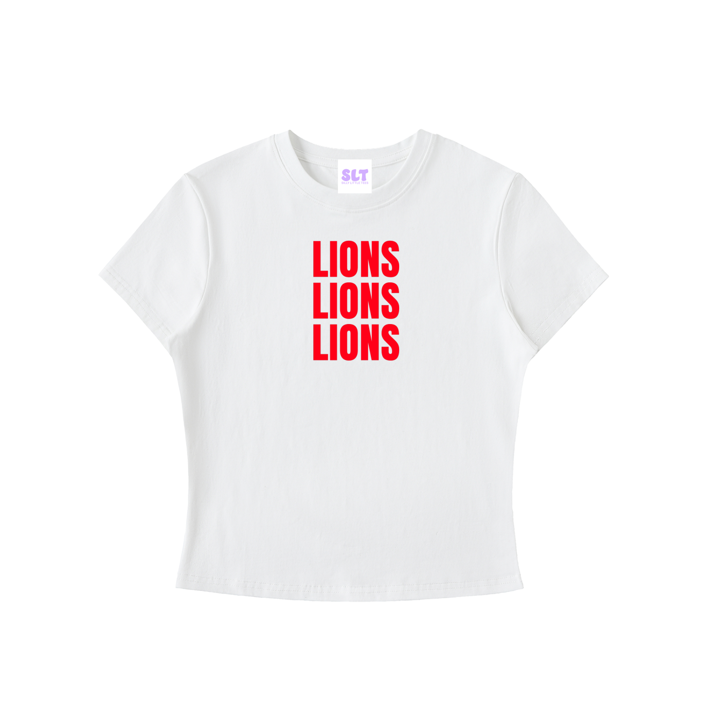 White t-shirt with 'LIONS LIONS LIONS' in red text on a white background