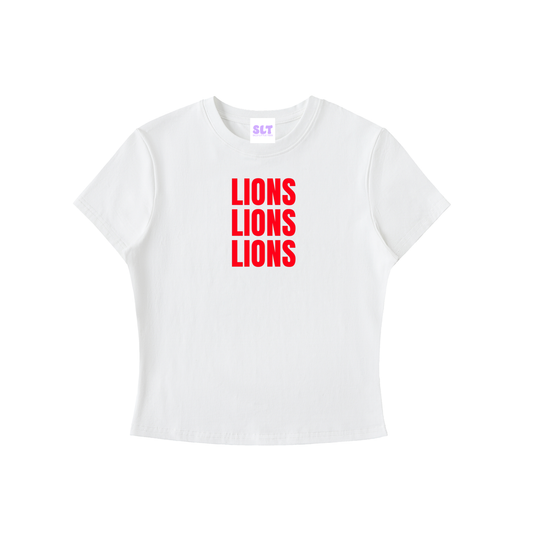 White t-shirt with 'LIONS LIONS LIONS' in red text on a white background